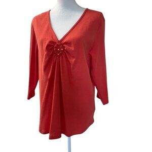 St. John Bay Tunic Blouse Top Womens Size 2X Coral V-Neck Long Sleeve
